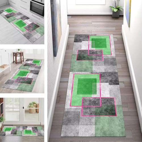 SGLGSTORE Teppich Läufer Flur Küche rutschfest Waschbar Schmutzfangmatte Grün Grau Schwarz Teppichläufer Küchenteppich 60X180CM Teppichmatte Meterware Wohnzimmer Schlafzimmer Schmutzfangteppich von SGLGSTORE