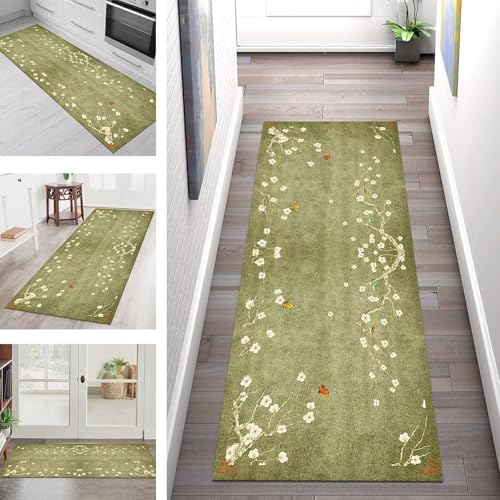 SGLGSTORE Teppich Läufer Flur Küche rutschfest Waschbar Schmutzfangmatte Grün Vintage Teppichläufer Kücheläufer 110X500CM Teppichmatte Meterware Wohnzimmer Schlafzimmer Schmutzfangteppich Flurläufer von SGLGSTORE