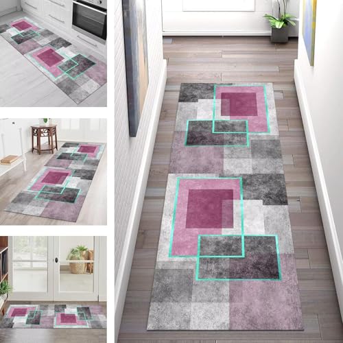 SGLGSTORE Teppich Läufer Flur Küche rutschfest Waschbar Schmutzfangmatte Rosa Grau Schwarz Teppichläufer Küchenteppich 65X180CM Teppichmatte Meterware Wohnzimmer Schlafzimmer Schmutzfangteppich von SGLGSTORE