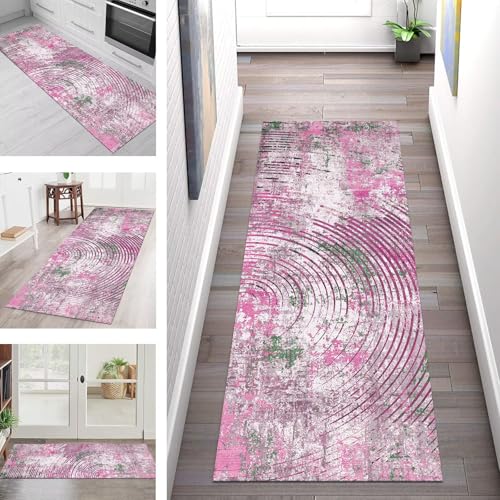 SGLGSTORE Teppich Läufer Flur Küche rutschfest Waschbar Schmutzfangmatte Rosa Grün Teppichläufer Kücheläufer 120X400CM Teppichmatte Meterware Wohnzimmer Schlafzimmer Schmutzfangteppich von SGLGSTORE
