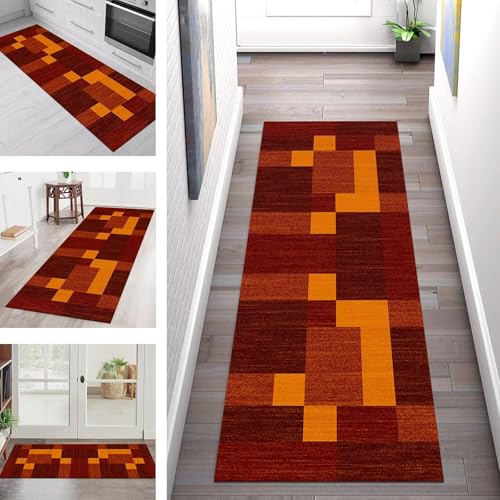 SGLGSTORE Teppich Läufer Flur Küche rutschfest Waschbar Schmutzfangmatte Rot Orange Gelb Teppichläufer Küchenläufer Teppichmatten 120X450CM Läufer Wohnzimmer Schlafzimmer Meterware Schmutzfangteppich von SGLGSTORE