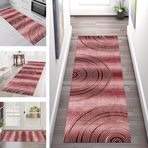 SGLGSTORE Teppich Läufer Flur Küche rutschfest Waschbar Schmutzfangmatte Rot Weiß Abstrakt Teppichläufer Kücheläufer 110X500CM Teppichmatte Meterware Wohnzimmer Schlafzimmer Schmutzfangküchenteppich von SGLGSTORE