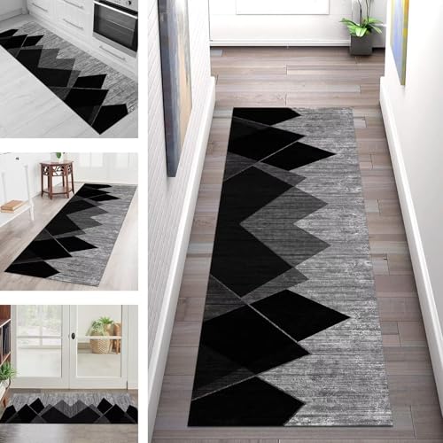 SGLGSTORE Teppich Läufer Flur Küche rutschfest Waschbar Schmutzfangmatte Schwarz Grau Teppichläufer Küchenläufer Teppichmatten 50X100CM Läufer Wohnzimmer Schlafzimmer Meterware Schmutzfangteppich von SGLGSTORE