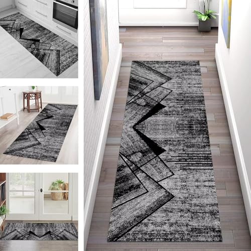 SGLGSTORE Teppich Läufer Flur Küche rutschfest Waschbar Schmutzfangmatte Schwarz Grau Teppichläufer Küchenläufer Teppichmatten 80X200CM Läufer Wohnzimmer Schlafzimmer Meterware Schmutzfangteppich von SGLGSTORE