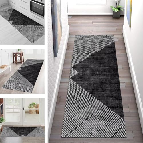SGLGSTORE Teppich Läufer Flur Küche rutschfest Waschbar Schmutzfangmatte Schwarz Grau Teppichläufer Küchenläufer Teppichmatten 80X300CM Läufer Wohnzimmer Schlafzimmer Meterware Schmutzfangteppich von SGLGSTORE