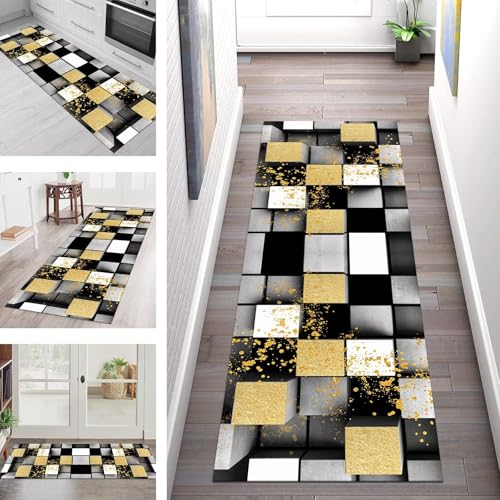 SGLGSTORE Teppich Läufer Flur Küche rutschfest Waschbar Schmutzfangmatte Schwarz Orange Grau Teppichläufer Küchenläufer Teppichmatten 70X500CM Wohnzimmer Schlafzimmer Meterware Schmutzfangteppich von SGLGSTORE