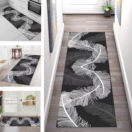 SGLGSTORE Teppich Läufer Flur Küche rutschfest Waschbar Schmutzfangmatte Schwarz Weiß Teppichläufer Küchenläufer Teppichmatten 100X180CM Läufer Wohnzimmer Schlafzimmer Schmutzfangteppich von SGLGSTORE