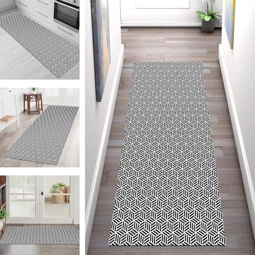 SGLGSTORE Teppich Läufer Flur Küche rutschfest Waschbar Schmutzfangmatte Schwarz Weiß Teppichläufer Küchenläufer Teppichmatten 110X450CM Wohnzimmer Schlafzimmer Meterware Schmutzfangteppich von SGLGSTORE