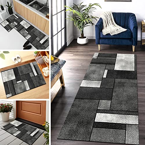 SGLGSTORE Teppich Läufer Flur rutschfest Schwarz Grau Küchenläufer Modern waschbar Korridor Teppichläufer, 3D Geometrisch Läufer Teppich Küchen Wohnzimmer Breite 60cm/ 70cm/ 80cm/ 90cm/ 100cm/ 110cm von SGLGSTORE