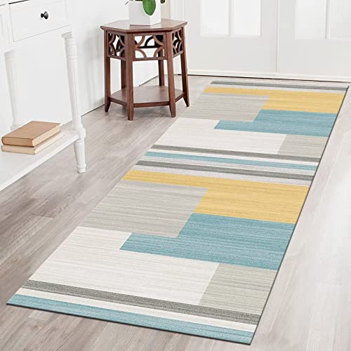 Teppich Läufer Flur Küche Grau Gelb Blau rutschfest Waschbar Design, 70X300CM Korridor Teppichläufer Meterware Küchenläufer Tepiche für Wohnzimmer Schlafzimmer Kinderzimmer Esszimmer Küchenmatte von SGLGSTORE