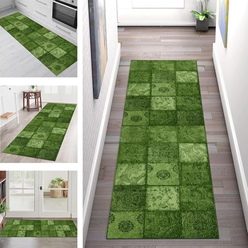 Teppich Läufer Flur Küche rutschfest Waschbar Schmutzfangmatte 100X150CM Teppichläufer Kücheläufer Grün Vintage Teppichmatte Meterware Wohnzimmer Schlafzimmer Esszimmer Flurteppich Schmutzfangteppich von SGLGSTORE