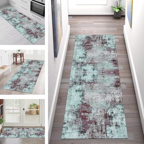 Teppich Läufer Flur Küche rutschfest Waschbar Schmutzfangmatte 100X250CM Teppichläufer Kücheläufer Grün Violett Grau Teppichmatte Wohnzimmer Schlafzimmer Esszimmer Flurteppich Schmutzfangteppich von SGLGSTORE