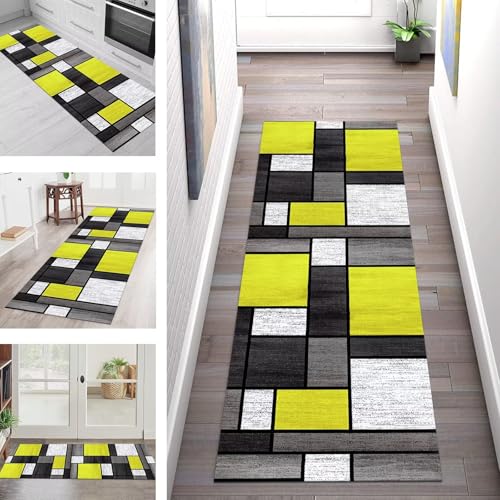 Teppich Läufer Flur Küche rutschfest Waschbar Schmutzfangmatte 100X400CM Teppichläufer Kücheläufer Gelbgrün Schwarz Teppichmatte Wohnzimmer Schlafzimmer Esszimmer Flurteppich Schmutzfangteppich von SGLGSTORE