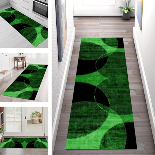 Teppich Läufer Flur Küche rutschfest Waschbar Schmutzfangmatte 100X400CM Teppichläufer Kücheläufer Grün Schwarz Abstrakt Teppichmatte Wohnzimmer Schlafzimmer Esszimmer Flurteppich Schmutzfangteppich von SGLGSTORE