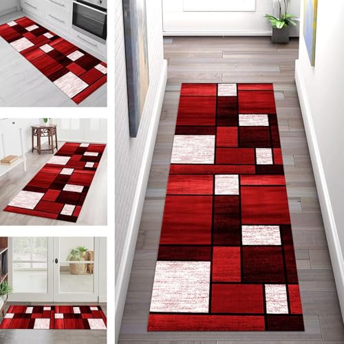 Teppich Läufer Flur Küche rutschfest Waschbar Schmutzfangmatte 100X400CM Teppichläufer Kücheläufer Rot Schwarz Teppichmatte Meterware Wohnzimmer Schlafzimmer Esszimmer Flurteppich Schmutzfangteppich von SGLGSTORE