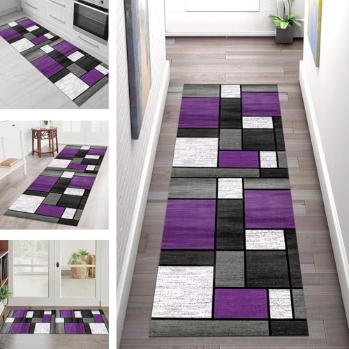 Teppich Läufer Flur Küche rutschfest Waschbar Schmutzfangmatte 100X400CM Teppichläufer Kücheläufer Violett Schwarz Grau Teppichmatte Wohnzimmer Schlafzimmer Esszimmer Flurteppich Schmutzfangteppich von SGLGSTORE