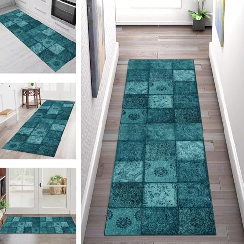 Teppich Läufer Flur Küche rutschfest Waschbar Schmutzfangmatte 100X450CM Teppichläufer Kücheläufer Dunkles Cyan Teppichmatte Meterware Wohnzimmer Schlafzimmer Esszimmer Flurteppich Schmutzfangteppich von SGLGSTORE