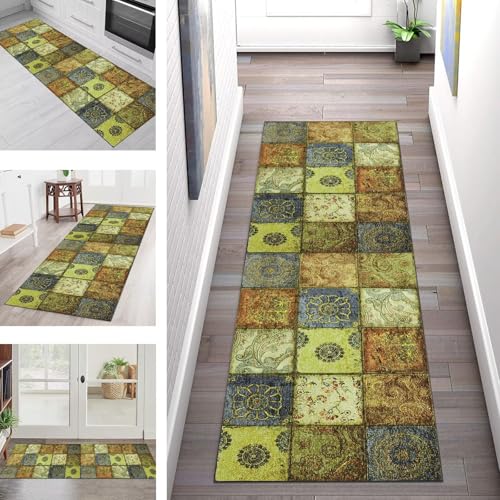 Teppich Läufer Flur Küche rutschfest Waschbar Schmutzfangmatte 110X400CM Teppichläufer Kücheläufer Gelb-Grün Braun Teppichmatte Wohnzimmer Schlafzimmer Esszimmer Flurteppich Schmutzfangteppich von SGLGSTORE