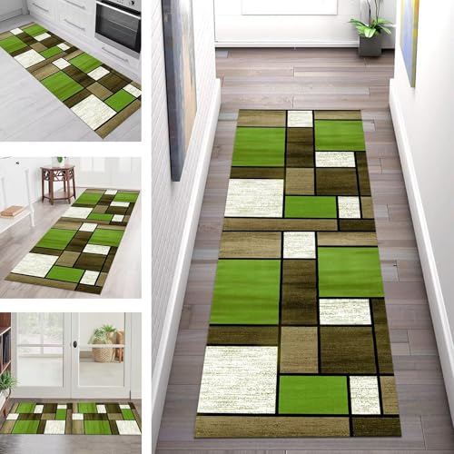Teppich Läufer Flur Küche rutschfest Waschbar Schmutzfangmatte 110X450CM Teppichläufer Kücheläufer Grün Braun Schwarz Teppichmatte Wohnzimmer Schlafzimmer Esszimmer Flurteppich Schmutzfangteppich von SGLGSTORE