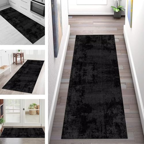 Teppich Läufer Flur Küche rutschfest Waschbar Schmutzfangmatte 110X450CM Teppichläufer Kücheläufer Schwarz Dunkelgrau Teppichmatte Wohnzimmer Schlafzimmer Esszimmer Flurteppich Schmutzfangteppich von SGLGSTORE