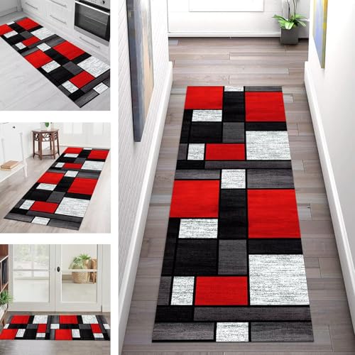 Teppich Läufer Flur Küche rutschfest Waschbar Schmutzfangmatte 110X500CM Teppichläufer Kücheläufer Rot Schwarz Teppichmatte Meterware Wohnzimmer Schlafzimmer Esszimmer Flurteppich Schmutzfangteppich von SGLGSTORE