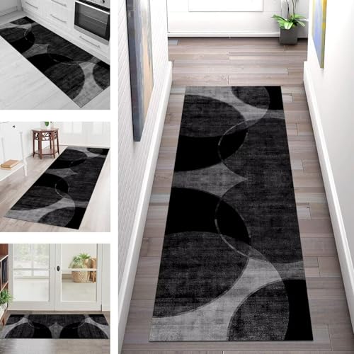 Teppich Läufer Flur Küche rutschfest Waschbar Schmutzfangmatte 110X500CM Teppichläufer Kücheläufer Schwarz Dunkelgrau Teppichmatte Wohnzimmer Schlafzimmer Esszimmer Flurteppich Schmutzfangteppich von SGLGSTORE