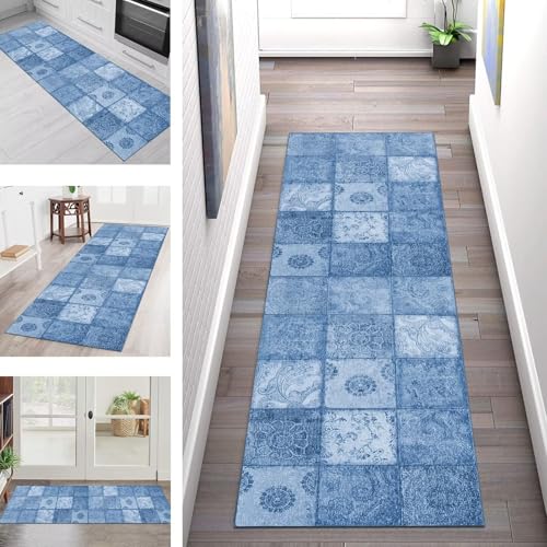 Teppich Läufer Flur Küche rutschfest Waschbar Schmutzfangmatte 120X250CM Teppichläufer Kücheläufer Blau Teppichmatte Meterware Wohnzimmer Schlafzimmer Esszimmer Flurteppich Schmutzfangteppich von SGLGSTORE
