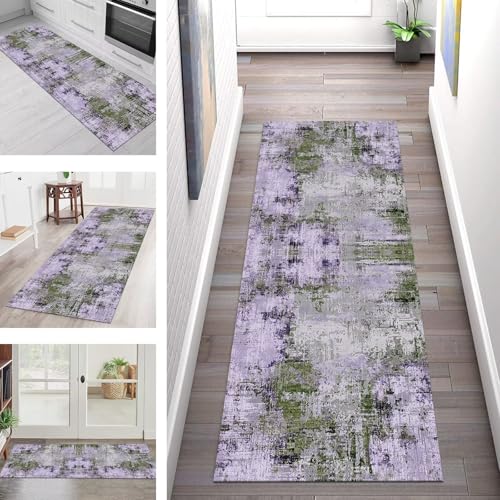 Teppich Läufer Flur Küche rutschfest Waschbar Schmutzfangmatte 120X400CM Teppichläufer Kücheläufer Violett Grün Grau Teppichmatte Wohnzimmer Schlafzimmer Esszimmer Flurteppich Schmutzfangteppich von SGLGSTORE