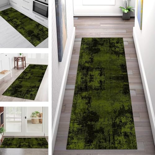Teppich Läufer Flur Küche rutschfest Waschbar Schmutzfangmatte 120X450CM Teppichläufer Kücheläufer Grün Schwarz Vintage Teppichmatte Wohnzimmer Schlafzimmer Esszimmer Flurteppich Schmutzfangteppich von SGLGSTORE