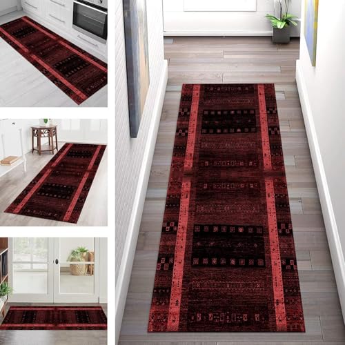 Teppich Läufer Flur Küche rutschfest Waschbar Schmutzfangmatte 120X500CM Teppichläufer Kücheläufer Rot Schwarz Teppichmatte Meterware Wohnzimmer Schlafzimmer Esszimmer Flurteppich Schmutzfangteppich von SGLGSTORE