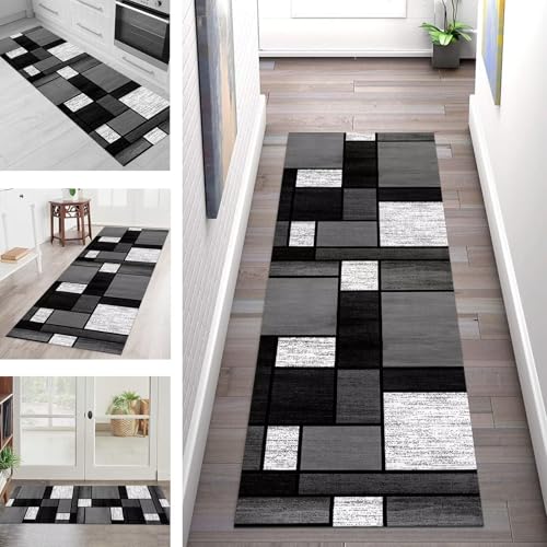 Teppich Läufer Flur Küche rutschfest Waschbar Schmutzfangmatte 40X100CM Teppichläufer Kücheläufer Schwarz Grau Teppichmatte Meterware Wohnzimmer Schlafzimmer Esszimmer Flurteppich Schmutzfangteppich von SGLGSTORE