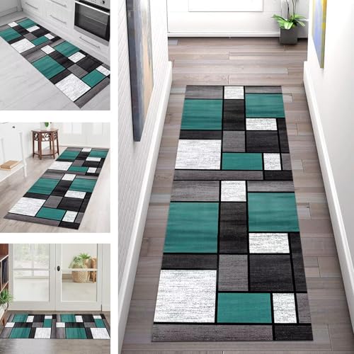 Teppich Läufer Flur Küche rutschfest Waschbar Schmutzfangmatte 40X150CM Teppichläufer Kücheläufer Cyan Schwarz Grau Teppichmatte Wohnzimmer Schlafzimmer Esszimmer Flurteppich Schmutzfangteppich von SGLGSTORE