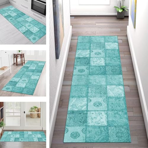 Teppich Läufer Flur Küche rutschfest Waschbar Schmutzfangmatte 40X180CM Teppichläufer Kücheläufer Cyan Teppichmatte Meterware Wohnzimmer Schlafzimmer Esszimmer Flurteppich Schmutzfangteppich von SGLGSTORE