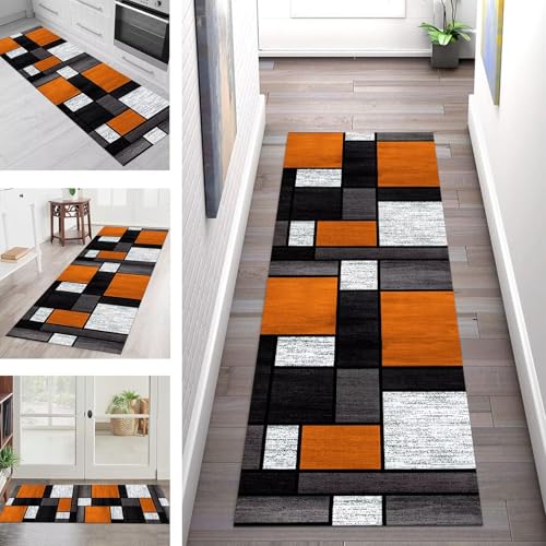 Teppich Läufer Flur Küche rutschfest Waschbar Schmutzfangmatte 44X120CM Teppichläufer Kücheläufer Orange Schwarz Teppichmatte Wohnzimmer Schlafzimmer Esszimmer Flurteppich Schmutzfangteppich von SGLGSTORE