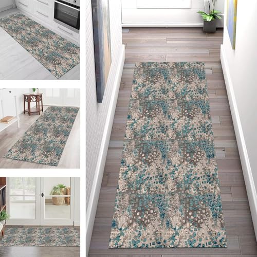 Teppich Läufer Flur Küche rutschfest Waschbar Schmutzfangmatte 50X180CM Teppichläufer Kücheläufer Cyan Grau Braun Teppichmatte Wohnzimmer Schlafzimmer Esszimmer Flurteppich Schmutzfangteppich von SGLGSTORE