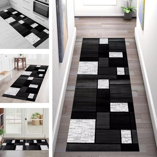 Teppich Läufer Flur Küche rutschfest Waschbar Schmutzfangmatte 50X50CM Teppichläufer Kücheläufer Schwarz Dunkelgrau Teppichmatte Wohnzimmer Schlafzimmer Esszimmer Flurteppich Schmutzfangteppich von SGLGSTORE
