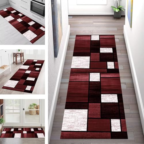 Teppich Läufer Flur Küche rutschfest Waschbar Schmutzfangmatte 60X150CM Teppichläufer Kücheläufer Rot Schwarz Weiß Teppichmatte Wohnzimmer Schlafzimmer Esszimmer Flurteppich Schmutzfangteppich von SGLGSTORE