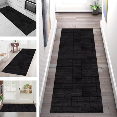 Teppich Läufer Flur Küche rutschfest Waschbar Schmutzfangmatte 60X200CM Teppichläufer Kücheläufer Schwarz Dunkelgrau Teppichmatte Wohnzimmer Schlafzimmer Esszimmer Flurteppich Schmutzfangteppich von SGLGSTORE