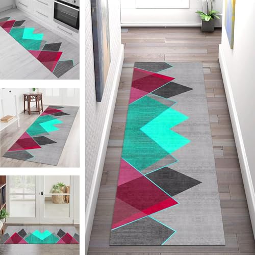 Teppich Läufer Flur Küche rutschfest Waschbar Schmutzfangmatte 60X400CM Teppichläufer Kücheläufer Cyan Rosa Grau Teppichmatte Wohnzimmer Schlafzimmer Esszimmer Flurteppich Schmutzfangteppich von SGLGSTORE