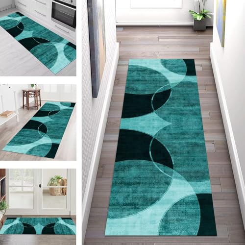 Teppich Läufer Flur Küche rutschfest Waschbar Schmutzfangmatte 60X400CM Teppichläufer Kücheläufer Cyan Schwarz Teppichmatte Meterware Wohnzimmer Schlafzimmer Esszimmer Flurteppich Schmutzfangteppich von SGLGSTORE