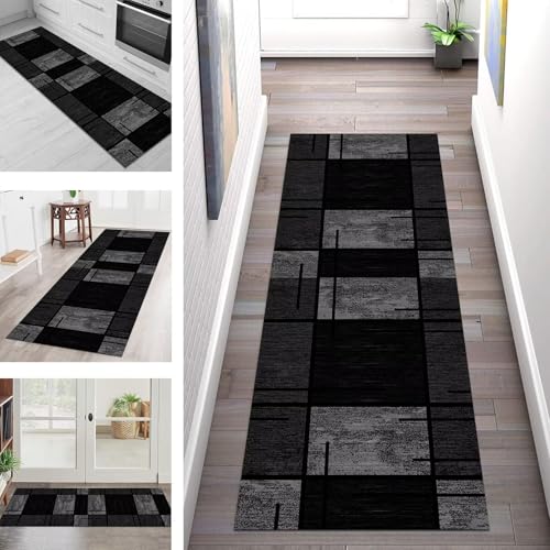 Teppich Läufer Flur Küche rutschfest Waschbar Schmutzfangmatte 70X150CM Teppichläufer Kücheläufer Schwarz Grau Teppichmatte Meterware Wohnzimmer Schlafzimmer Esszimmer Flurteppich Schmutzfangteppich von SGLGSTORE