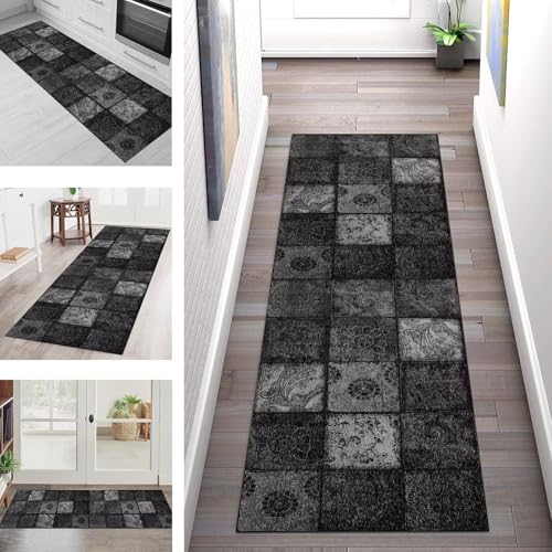 Teppich Läufer Flur Küche rutschfest Waschbar Schmutzfangmatte 70X150CM Teppichläufer Kücheläufer Schwarz Grau Teppichmatte Meterware Wohnzimmer Schlafzimmer Esszimmer Flurteppich Schmutzfangteppich von SGLGSTORE