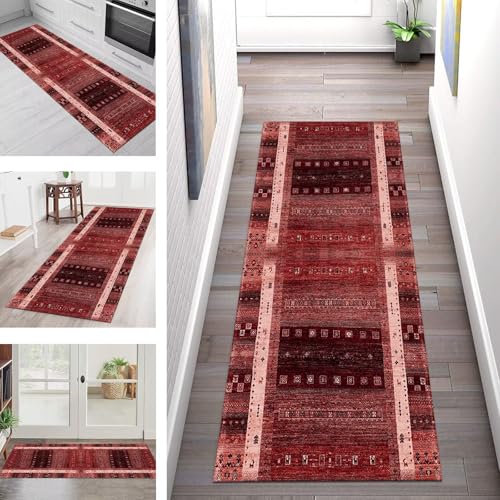 Teppich Läufer Flur Küche rutschfest Waschbar Schmutzfangmatte 80X200CM Teppichläufer Kücheläufer Rot Schwarz Teppichmatte Meterware Wohnzimmer Schlafzimmer Esszimmer Flurteppich Schmutzfangteppich von SGLGSTORE