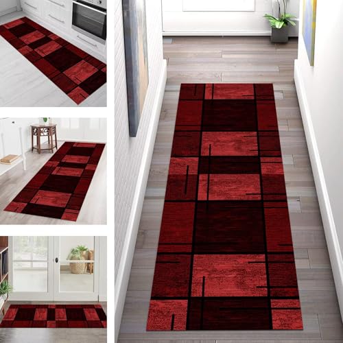 Teppich Läufer Flur Küche rutschfest Waschbar Schmutzfangmatte 80X450CM Teppichläufer Kücheläufer Dunkelrot Teppichmatte Meterware Wohnzimmer Schlafzimmer Esszimmer Flurteppich Schmutzfangteppich von SGLGSTORE