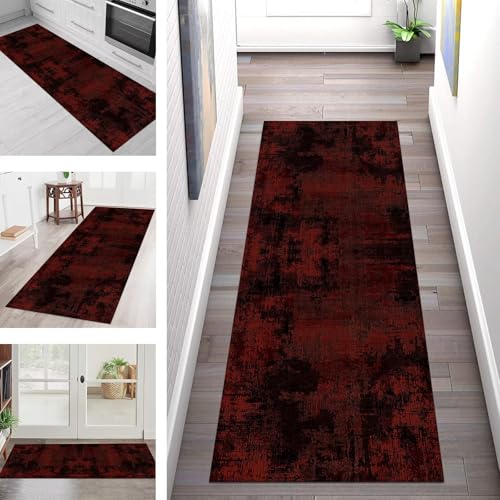 Teppich Läufer Flur Küche rutschfest Waschbar Schmutzfangmatte 80X500CM Teppichläufer Kücheläufer Rot Schwarz Abstrakt Teppichmatte Wohnzimmer Schlafzimmer Esszimmer Flurteppich Schmutzfangteppich von SGLGSTORE