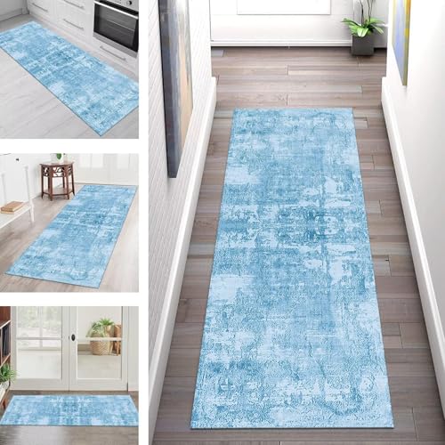 Teppich Läufer Flur Küche rutschfest Waschbar Schmutzfangmatte 90X200CM Teppichläufer Kücheläufer Blau Teppichmatte Meterware Wohnzimmer Schlafzimmer Esszimmer Flurteppich Schmutzfangteppich von SGLGSTORE
