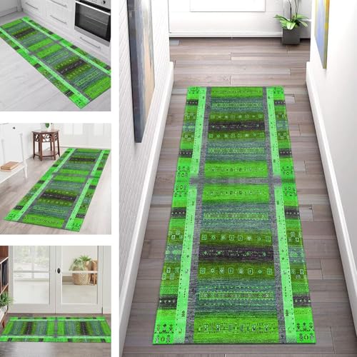 Teppich Läufer Flur Küche rutschfest Waschbar Schmutzfangmatte 90X400CM Teppichläufer Kücheläufer Grün Blau Grau Teppichmatte Wohnzimmer Schlafzimmer Esszimmer Flurteppich Schmutzfangteppich von SGLGSTORE