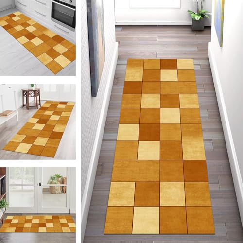 Teppich Läufer Flur Küche rutschfest Waschbar Schmutzfangmatte 90X450CM Teppichläufer Kücheläufer Orange Braun Gelb Teppichmatte Wohnzimmer Schlafzimmer Esszimmer Flurteppich Schmutzfangteppich von SGLGSTORE