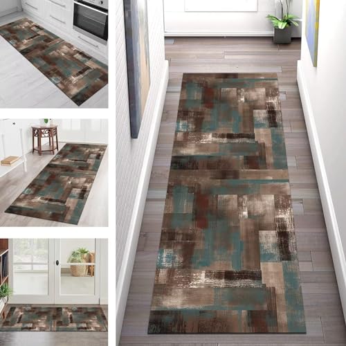 Teppich Läufer Flur Lang Küchenteppich Rutschfest Waschbar Küchenläufer Braun Cyan Korridor Flurläufer 80X120CM Teppichmatten Dauerhaft Schlafzimmer Wohnzimmer Meterware Teppichläufer Anpassbar von SGLGSTORE