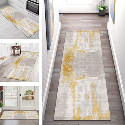 Teppich Läufer Küche rutschfest Waschbar Küchenläufer Teppichmatten Grau Gelb Abstrakt 120X300CM Meterware Korridor Teppichläufer Lang Flur Wohnzimmer Schlafzimmer Badezimmer Antirutsch küchenteppich von SGLGSTORE